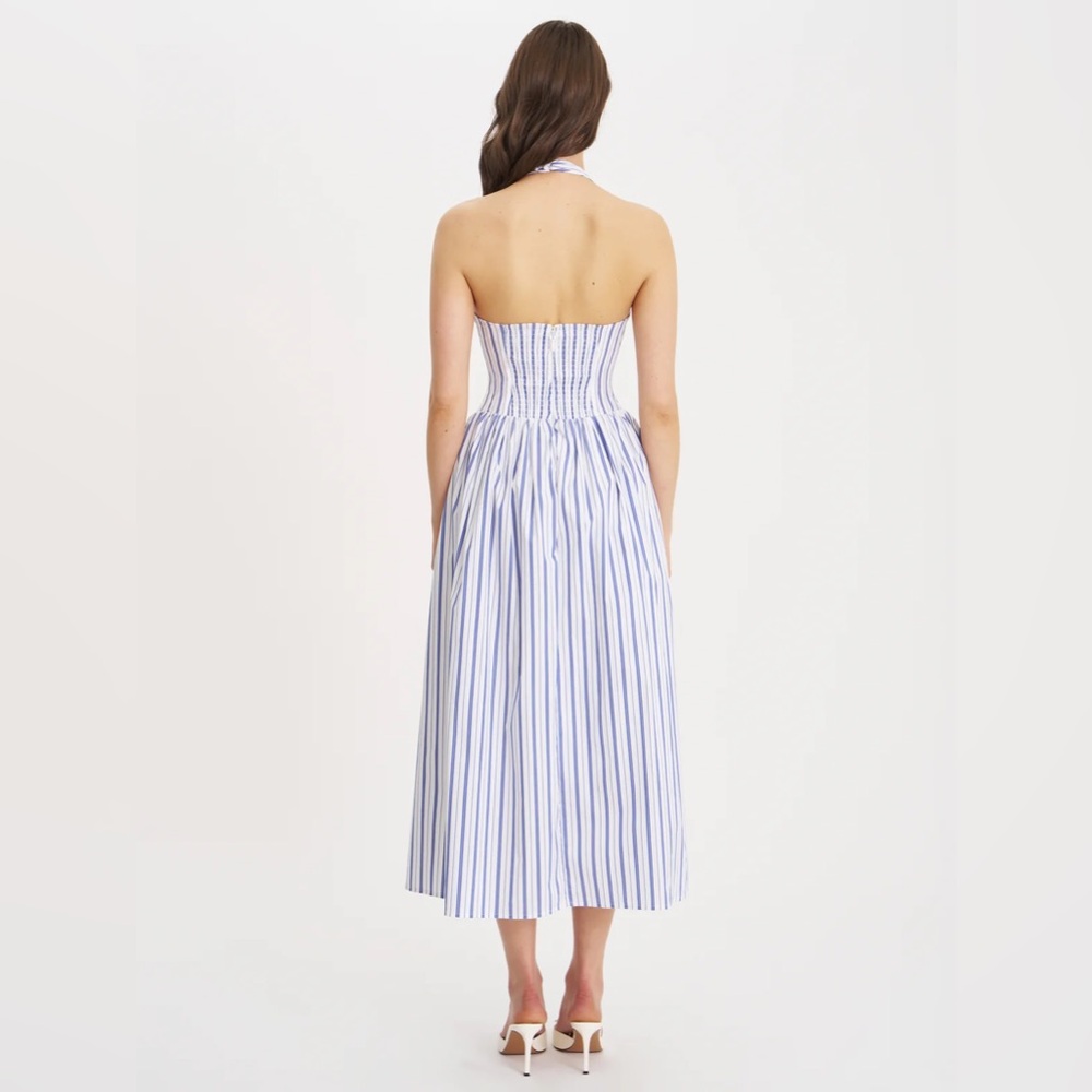 Mackenna Navy Cotton Stripe Halter Smock Back Maxi dress - Picture 4 of 5